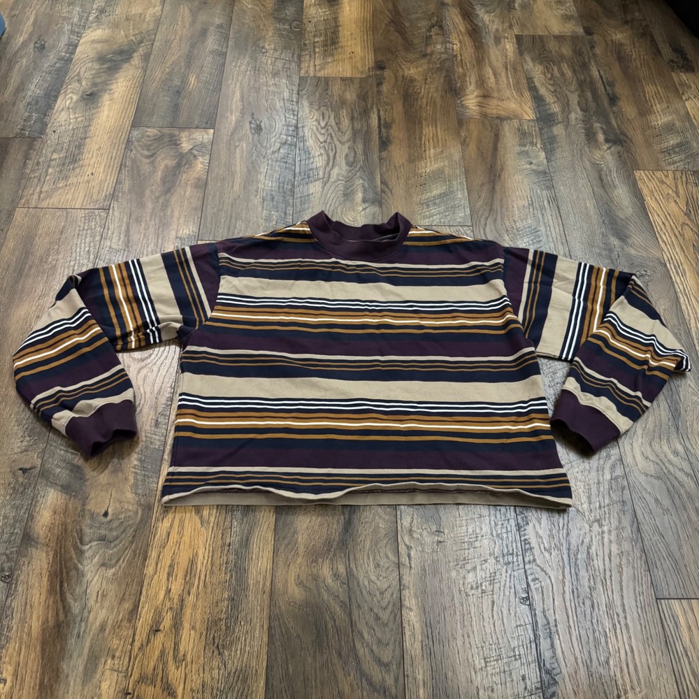 RVCA Womens Size 10 Striped Mock Neck Long Sleeve Crop Top Y2K Boxy Skater Indie